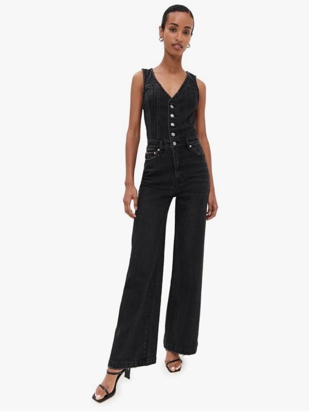 Pistola Aria Black Button-Front Wide-Leg Denim Fitted Vest Jumpsuit